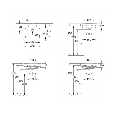 O.novo 2.0 450 Hand Wash Basin No Tap Hole NO Over Flow
