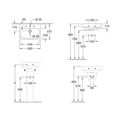 O.novo 2.0 500 Wall Basin 1 Tap Hole NO Over Flow