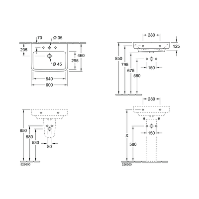O.novo 2.0 600 Wall Basin 1 Tap Hole NO Over Flow Trap Cover