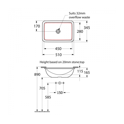 Loop Slim 450 Rect UnderCounter Basin | No Tap Hole