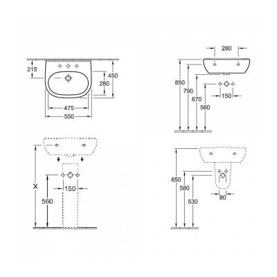 O.novo 550 Wall Basin | 1 Tap Hole | Trap Cover