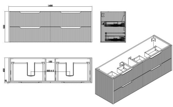 Bali American Oak Double Bowl 1500mm Wall Hung Vanity with Ceramic Top