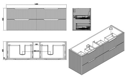 Bali Matte Black Double Bowl 1500mm Wall Hung Vanity with Ceramic Top