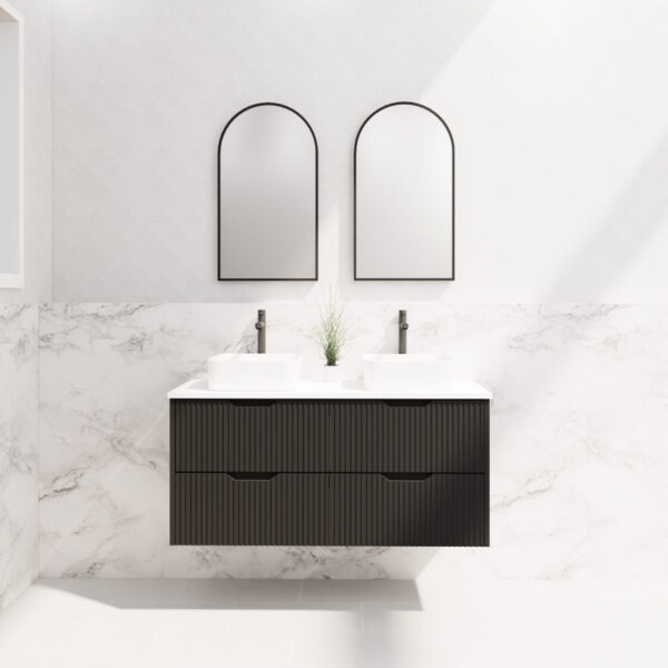 Bali Matte Black Double Bowl 1200mm Wall Hung Vanity with Ceramic Top