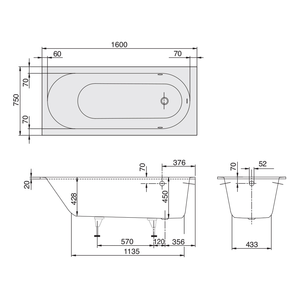 Oberon 1600 Drop In Bath No Overflow
