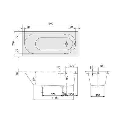 Oberon 1600 Drop In Bath Overflow