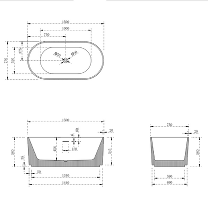 V-groove round bath 1500mm (matte white)