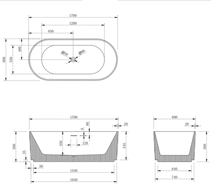 V-groove round bath 1700mm (matte white)