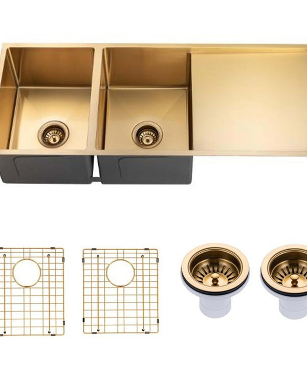1160x460x230mm Brushed Brass Stainless Steel PVD Double Bowl Kitchen Sink