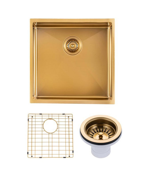 440x440x205mm Brushed Brass Stainless Steel PVD Single Bowl Kitchen Sink