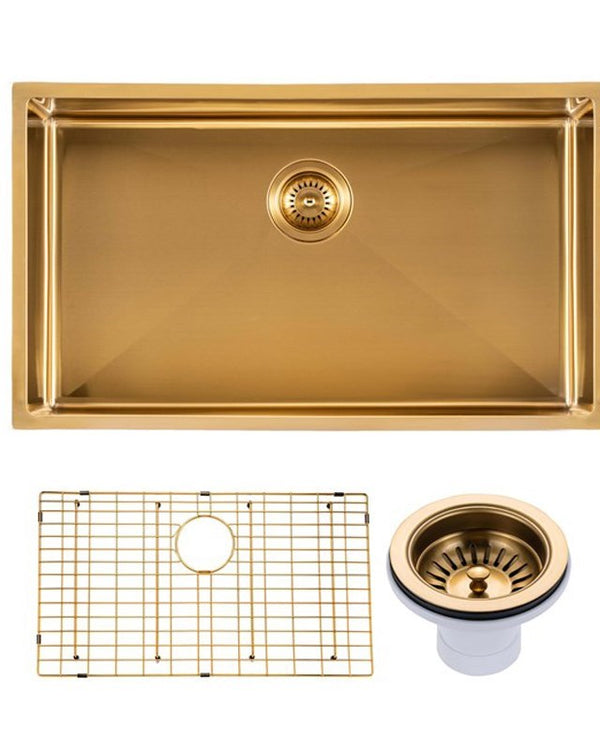 762x457x254mm Brushed Brass Stainless Steel PVD Single Bowl Kitchen Sink