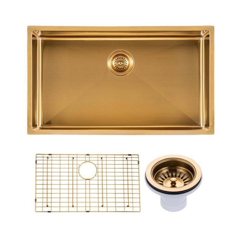 762x457x254mm Brushed Brass Stainless Steel PVD Single Bowl Kitchen Sink