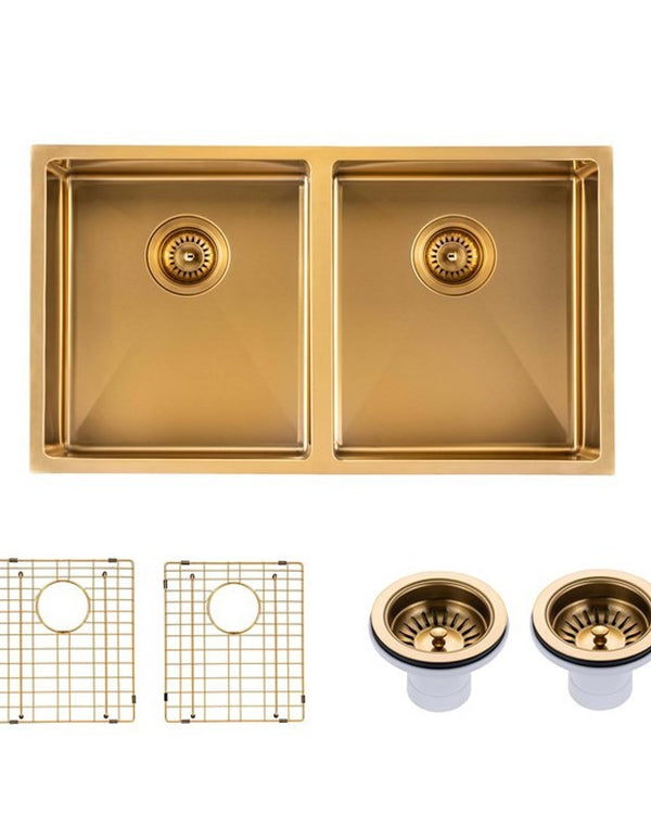 770x450x215mm Brushed Brass Stainless Steel PVD Double Bowl Kitche Sink