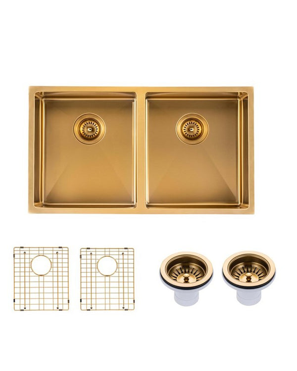 820x457x230mm Brushed Brass Stainless Steel PVD Double Bowl Kitchen Sink