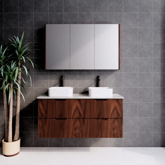 Bali Brown Oak Double Bowl 1200mm Wall Hung Vanity with Ceramic Top