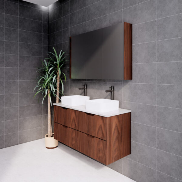 Bali Brown Oak Double Bowl 1200mm Wall Hung Vanity with Ceramic Top