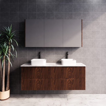 Bali Brown Oak Double Bowl 1500mm Wall Hung Vanity with Ceramic Top