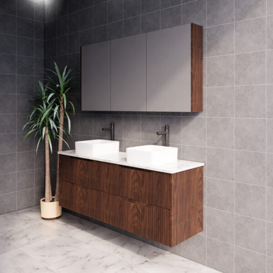 Bali Brown Oak Double Bowl 1500mm Wall Hung Vanity with Ceramic Top