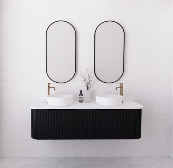 Bergen Matte Black Double Bowl 1500mm Wall Hung Vanity with Carrara Stone Top