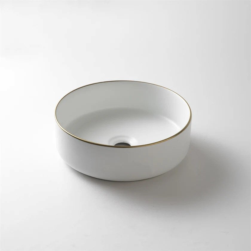 360*360*125mm Above Counter Matte White With Gold Rim Basin