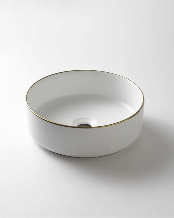 360*360*125mm Above Counter Matte White With Gold Rim Basin