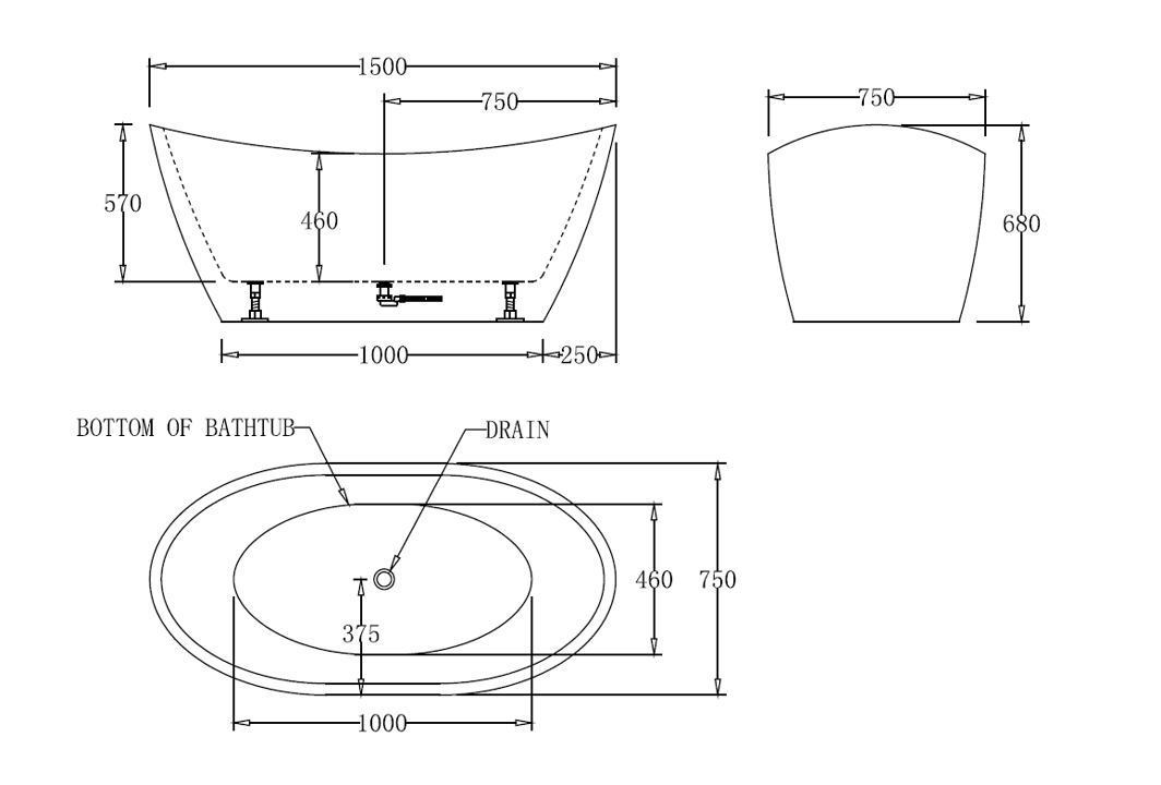 1500mm High Back Free Standing Bath Tub