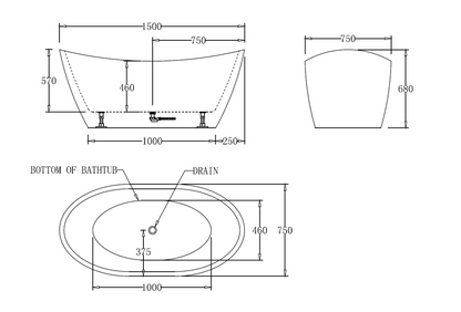1500mm High Back Free Standing Bath Tub