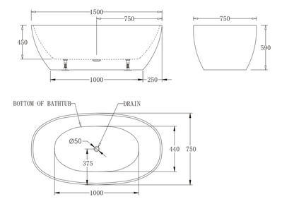 1500mm Egg Shape Free Standing Bath Tub