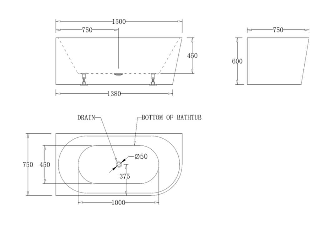 1500mm Left Hand Corner Fit Bath Tub