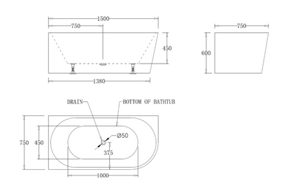 1500mm Left Hand Corner Fit Bath Tub