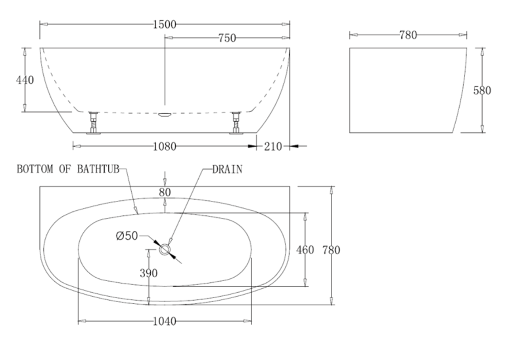 1500mm Egg Shape Back To Wall Bath Tub