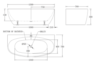 1500mm Egg Shape Back To Wall Bath Tub