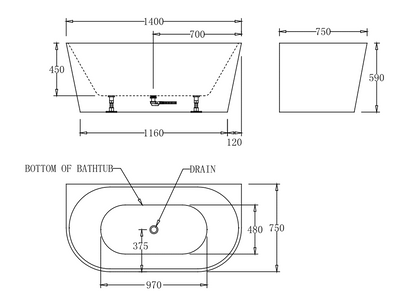 1400mm Round Back To Wall Bath Tub