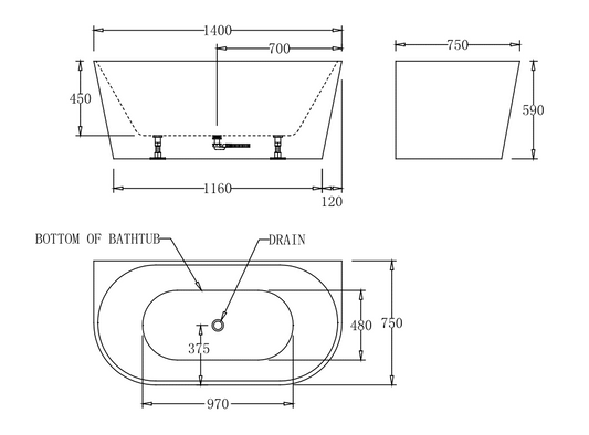 1400mm Round Back To Wall Bath Tub