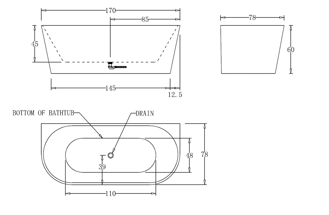 1700mm Round Back To Wall Bath Tub