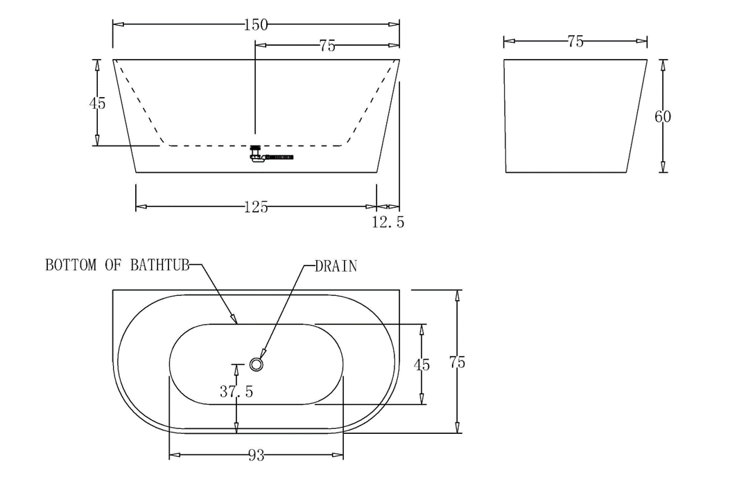 1500mm Round Back To Wall Bath Tub