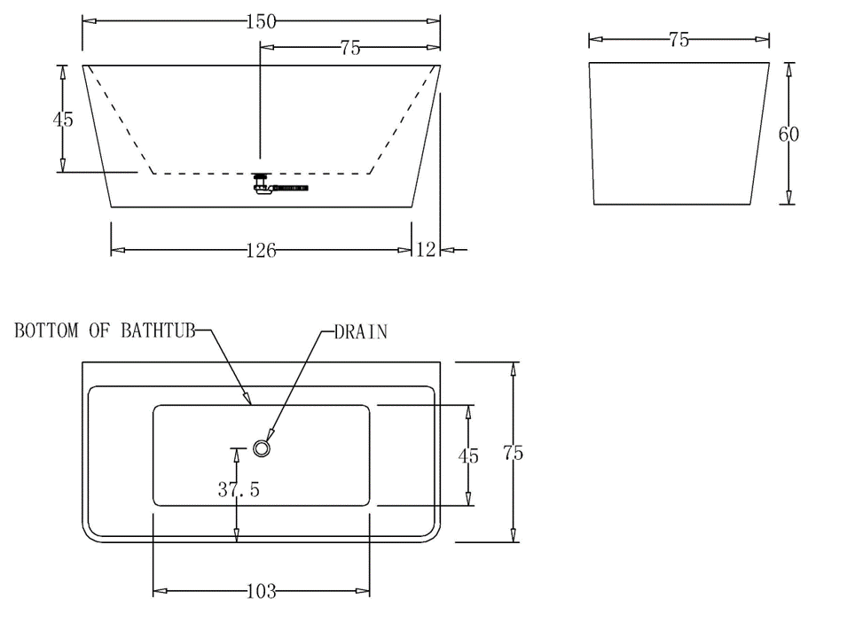 1500mm Square Back To Wall Bath Tub