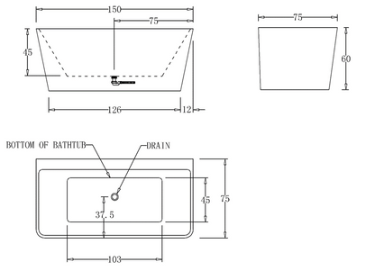 1500mm Square Back To Wall Bath Tub