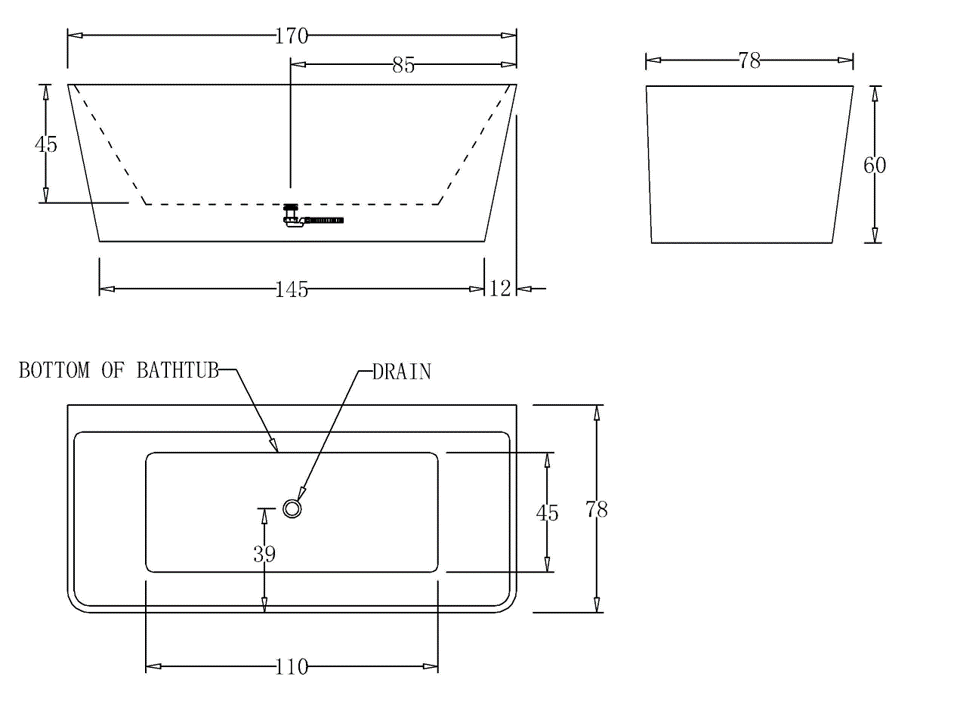 1700mm Square Back To Wall Bath Tub