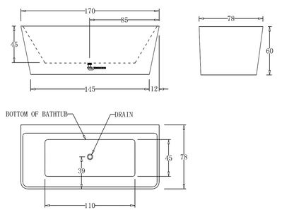 1700mm Square Back To Wall Bath Tub