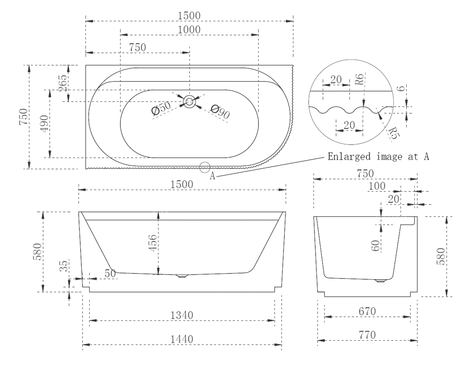 Pavilion Ribbed1500mm Left Hand Corner Fit Bath Tub