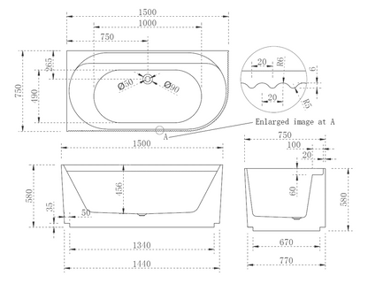 Pavilion Ribbed1500mm Left Hand Corner Fit Bath Tub