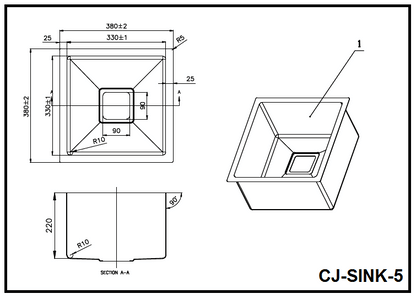 380x380x220mm Single Bowl Stainless Steel Sink