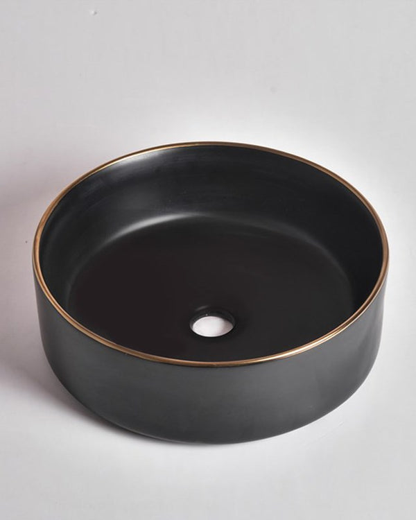 360x360x125mm Matte Black with Gold Rim Above Counter Basin