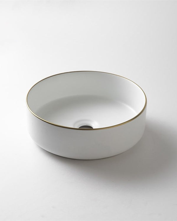360x360x125mm Matte White with Gold Rim Above Counter Basin