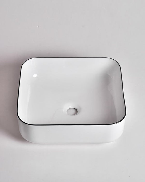 385x385x140mm Gloss White with Black Rim Above Counter Basin