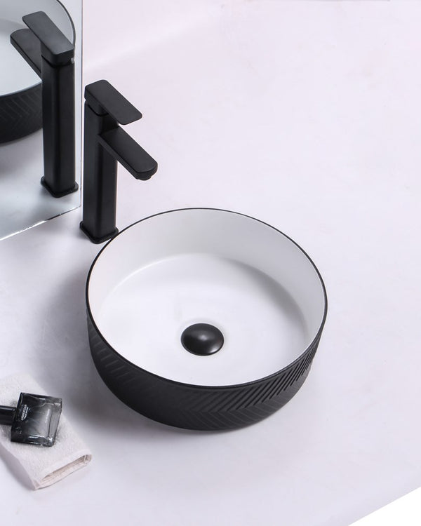 365x365x120mm Black Textured Exterior & Matte White Interior Above Counter Basin