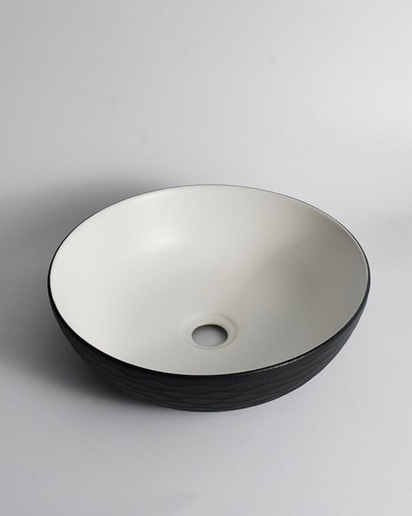 395x395x120mm Black Textured Exterior & Matte White Interior Above Counter Basin
