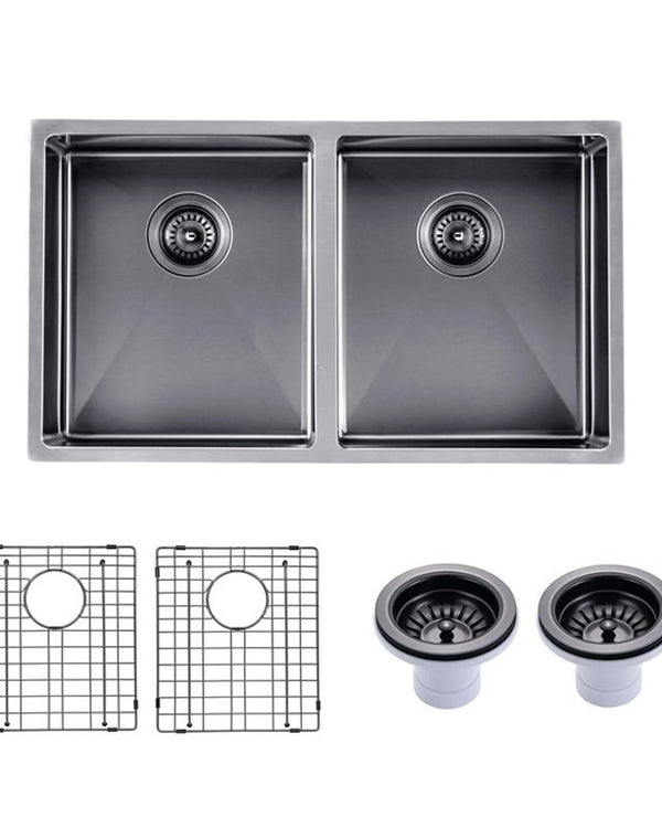 Round Corner Stainless Steel Gun Metal Grey PVD Coating Double Bowl Kitchen Sink(with Bottom Grid) 770*450*215mm