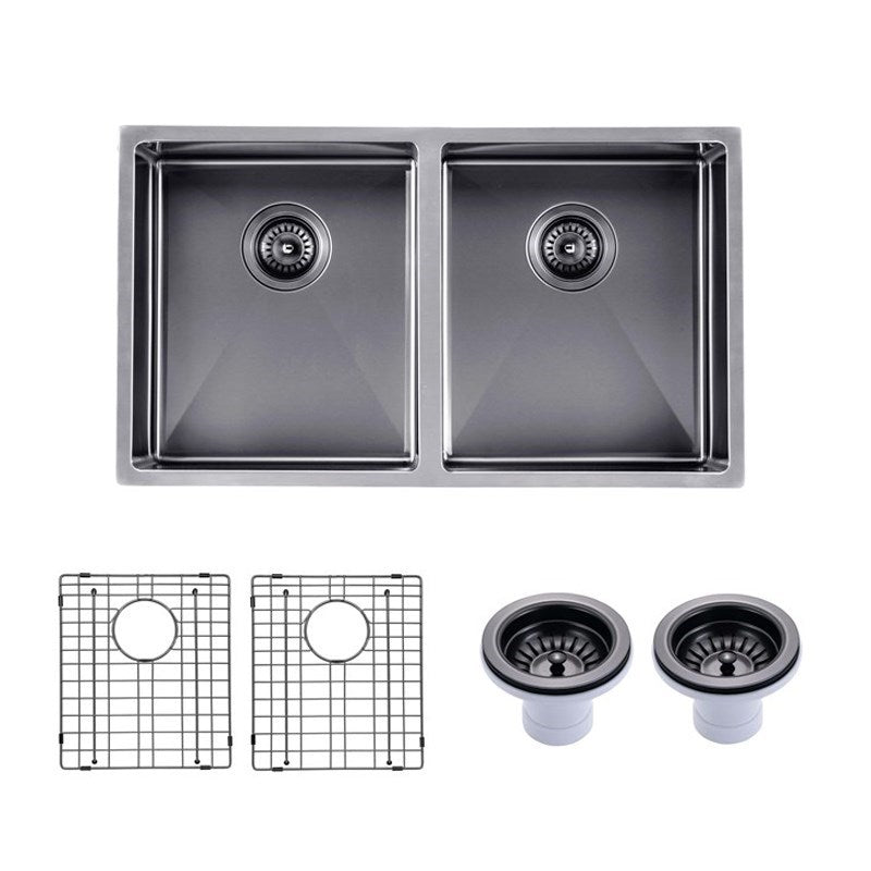 Round Corner Stainless Steel Gun Metal Grey PVD Coating Double Bowl Kitchen Sink(with Bottom Grid) 770*450*215mm